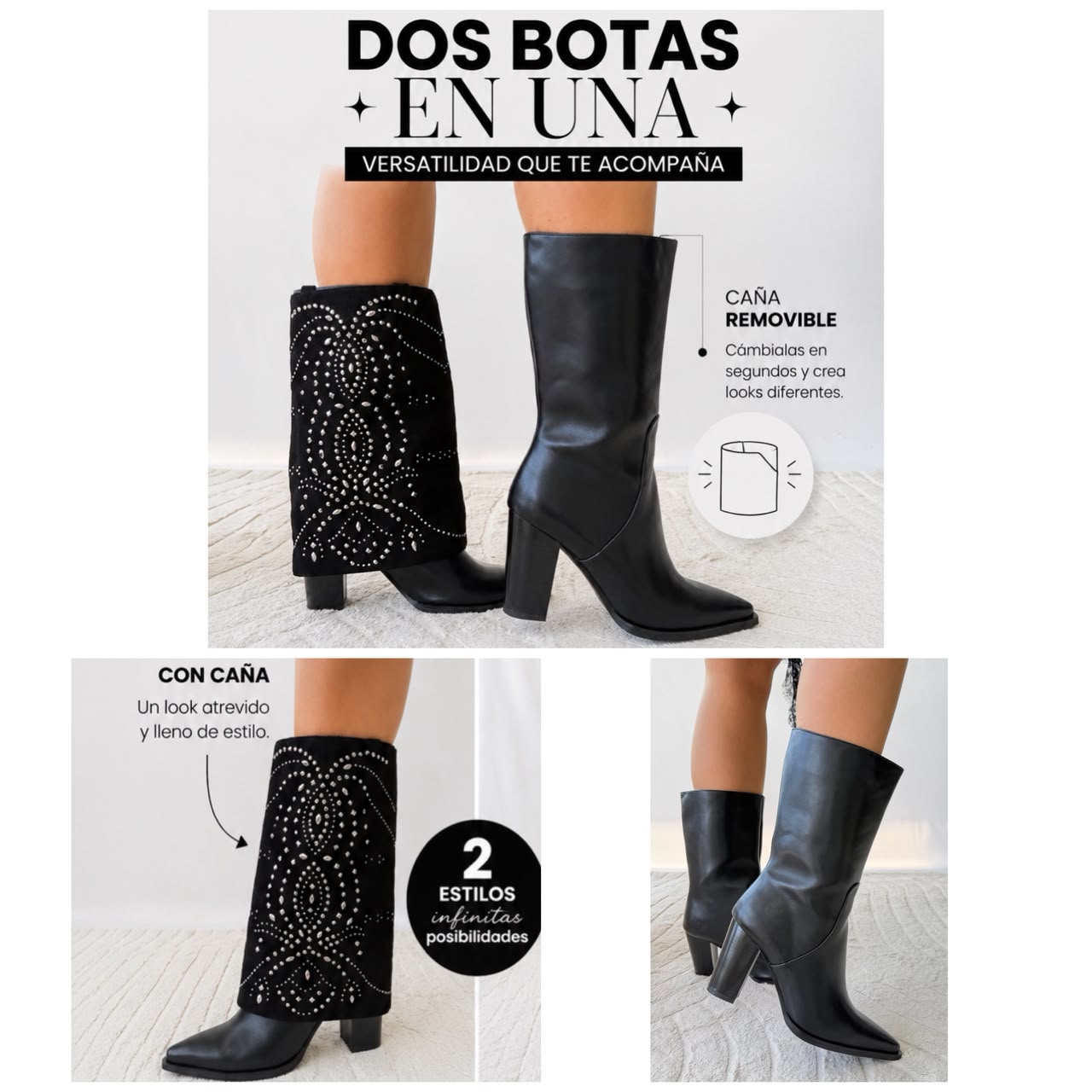 Bota texana negro doblez apliques plateado tacon 9cm HX3077-C1381